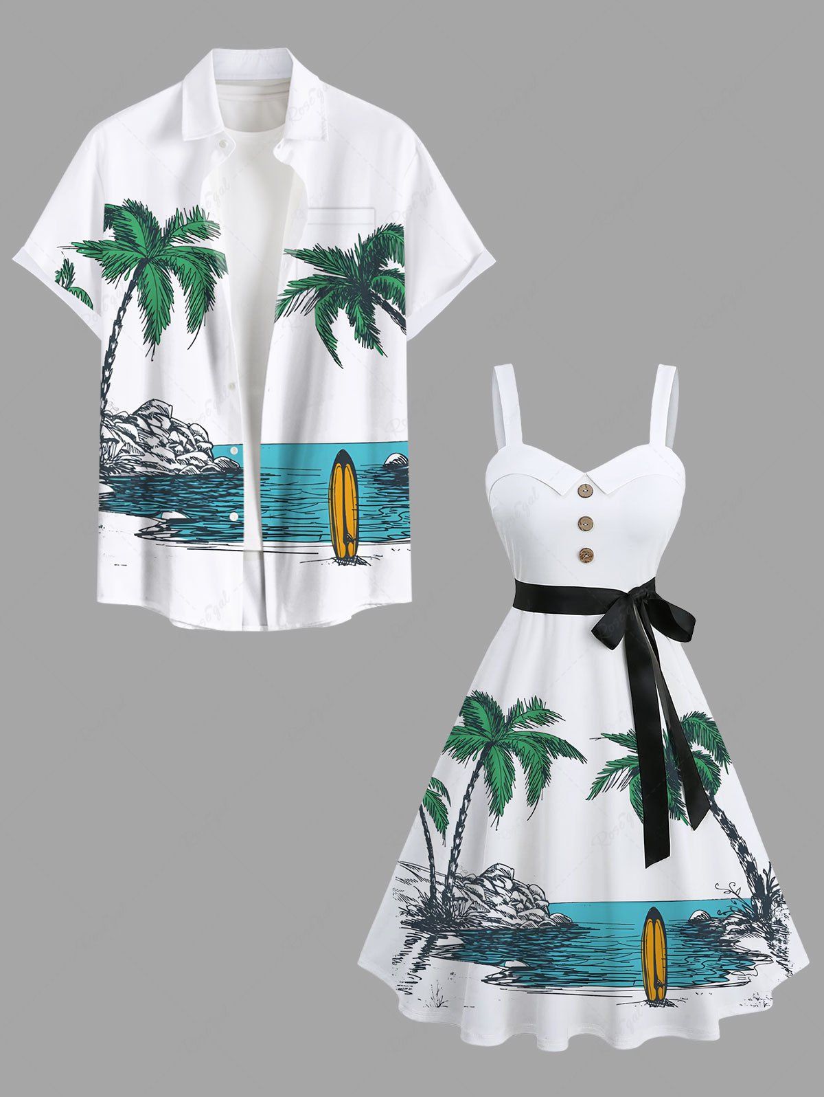 Tenue de plage hawaïenne assortie grande taille à imprimé cocotiers et mer pour couples Blanc 