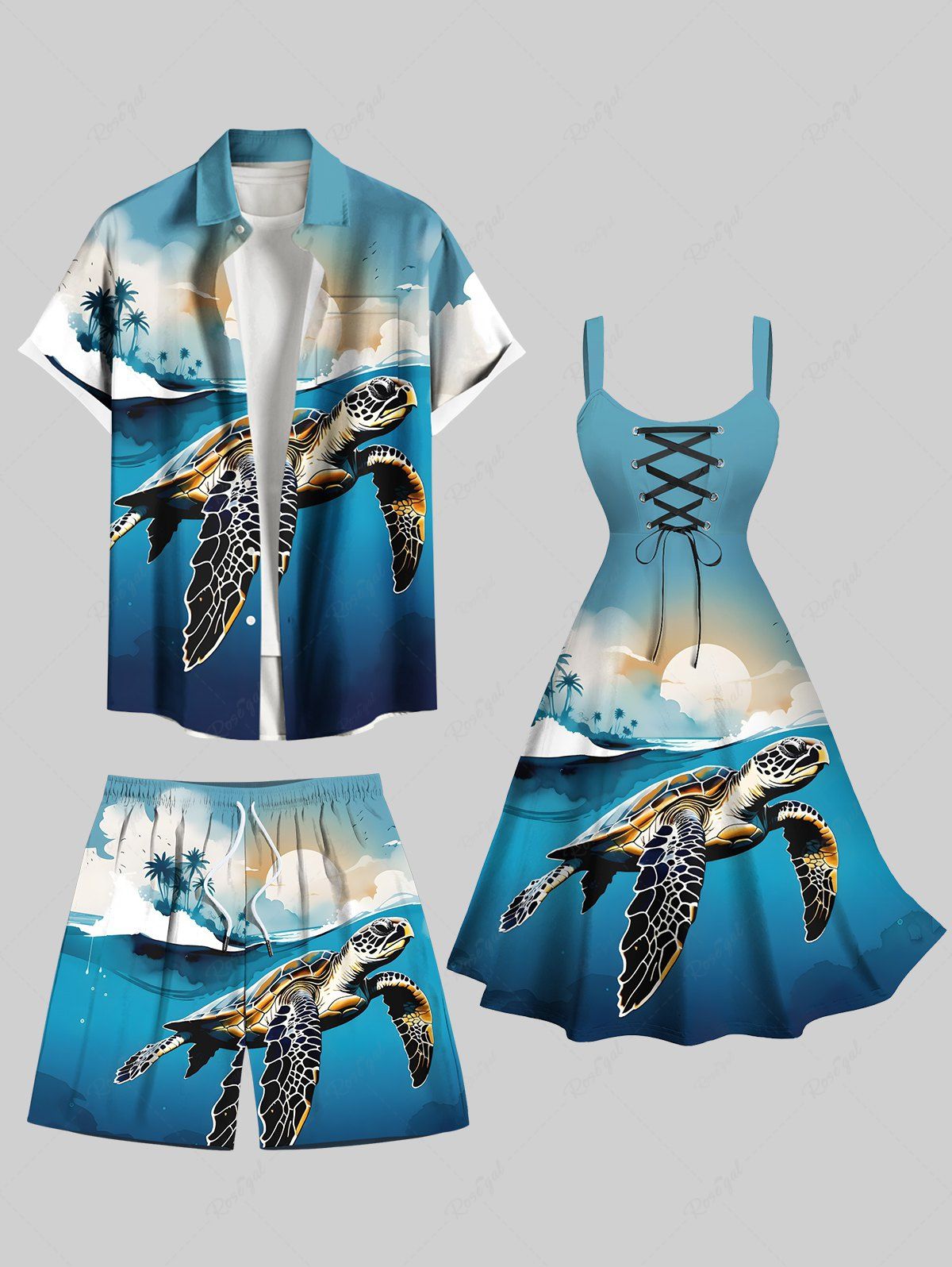 Tenue de plage assortie grande taille avec imprimé cocotier, tortue de mer, soleil, nuage, ciel ombré, créatures marines hawaïennes, pour couples Vert 
