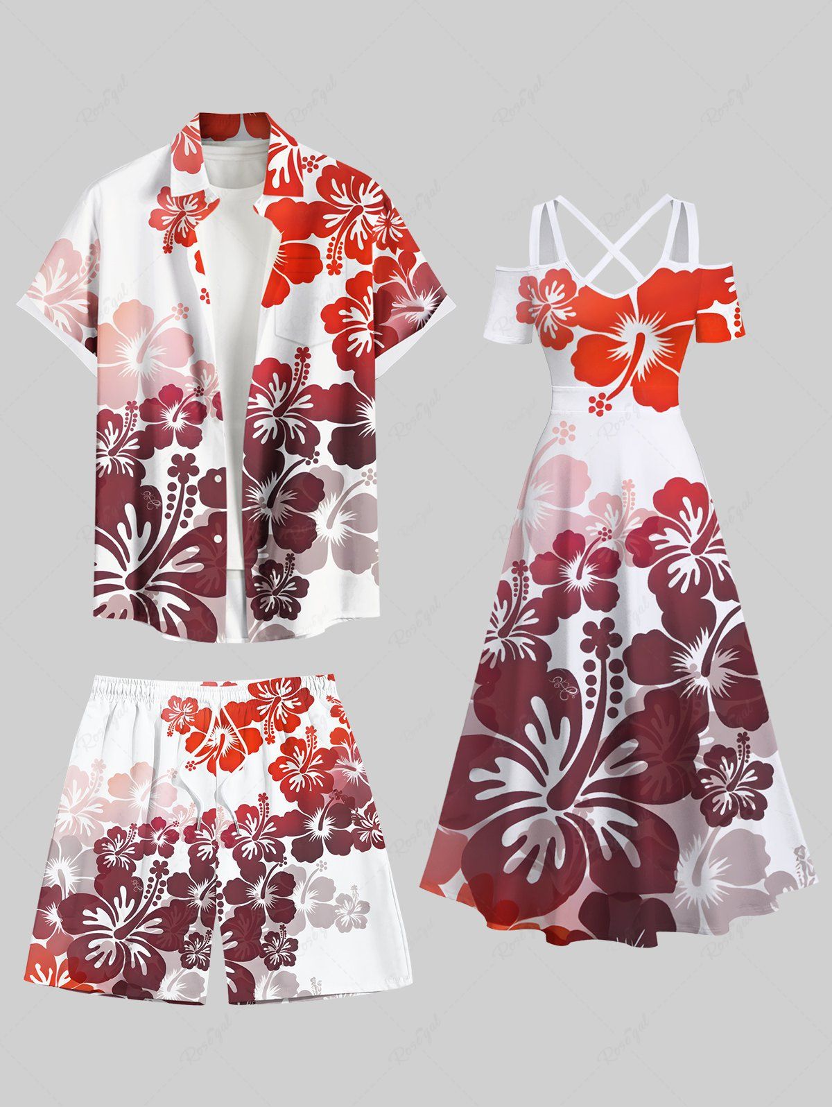 Trendy Hibiscus Flower Tropical Print Plus Size Matching Hawaii Beach Outfit For Couples  