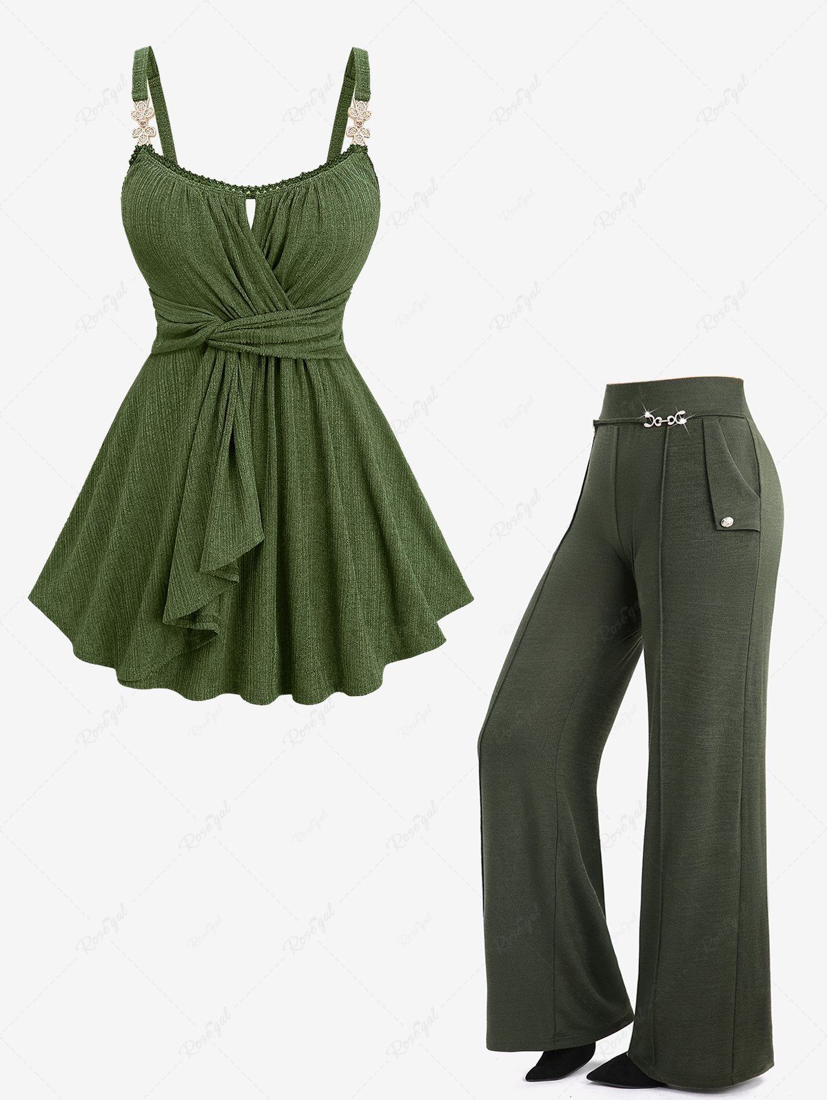 Affordable Lace Trim Lettuce Hem Textured Surplice Tank Top and Pockets Buttons Wide Leg Pants Plus Size Outfit  