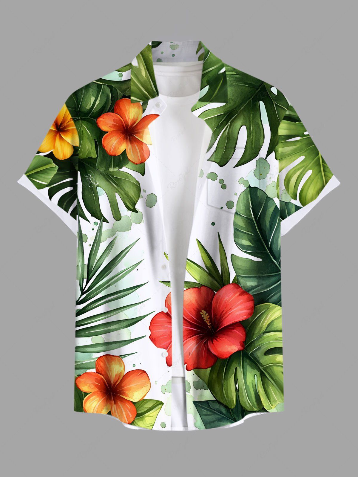 Store Plus Size Tropical Leaf Hibiscus Flower Print Hawaii Button Pocket Shirt For Men  