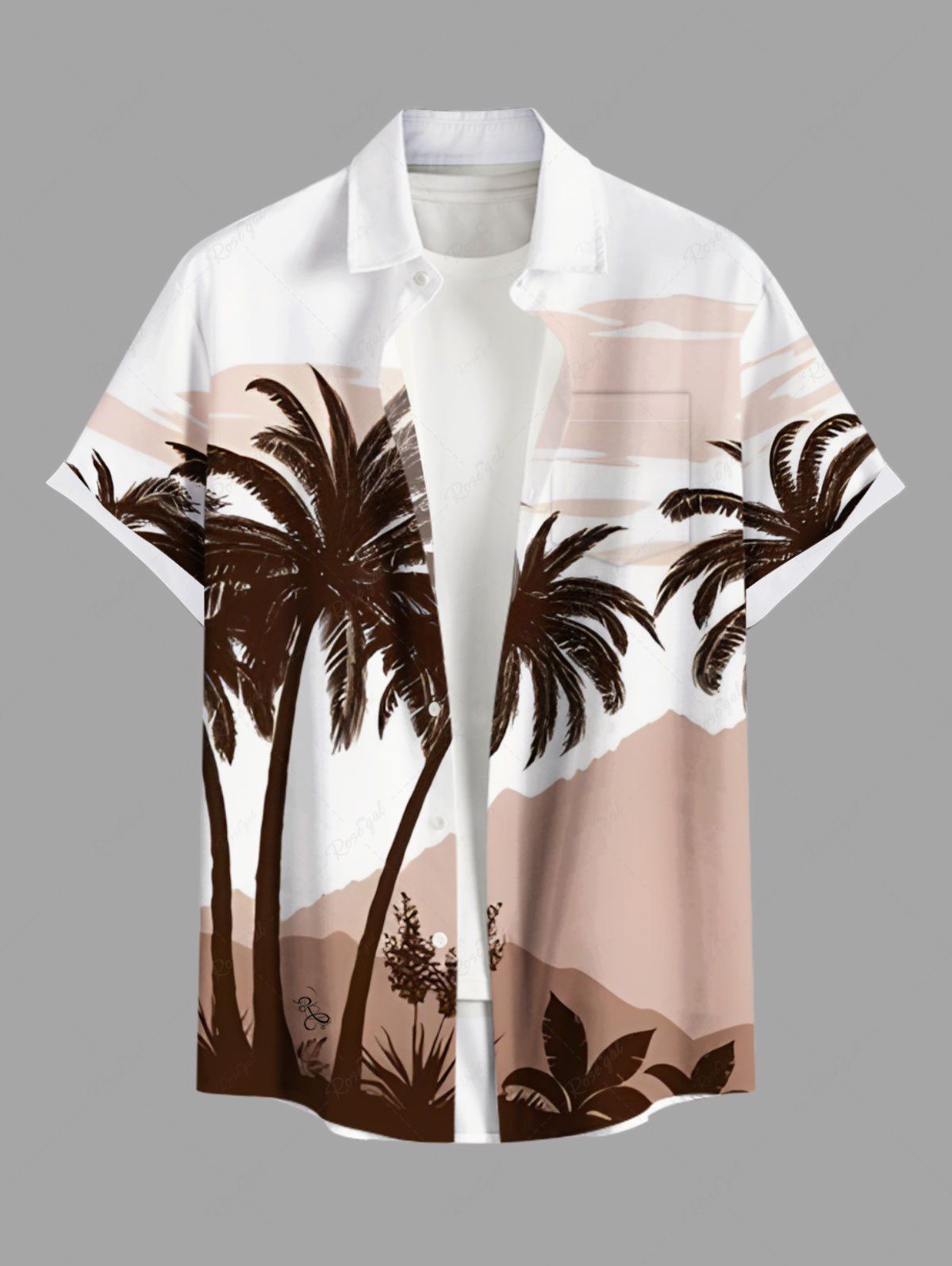 Outfit Plus Size Coconut Tree Mountain Cloud Print Hawaii Button Pocket Shirt For Men  