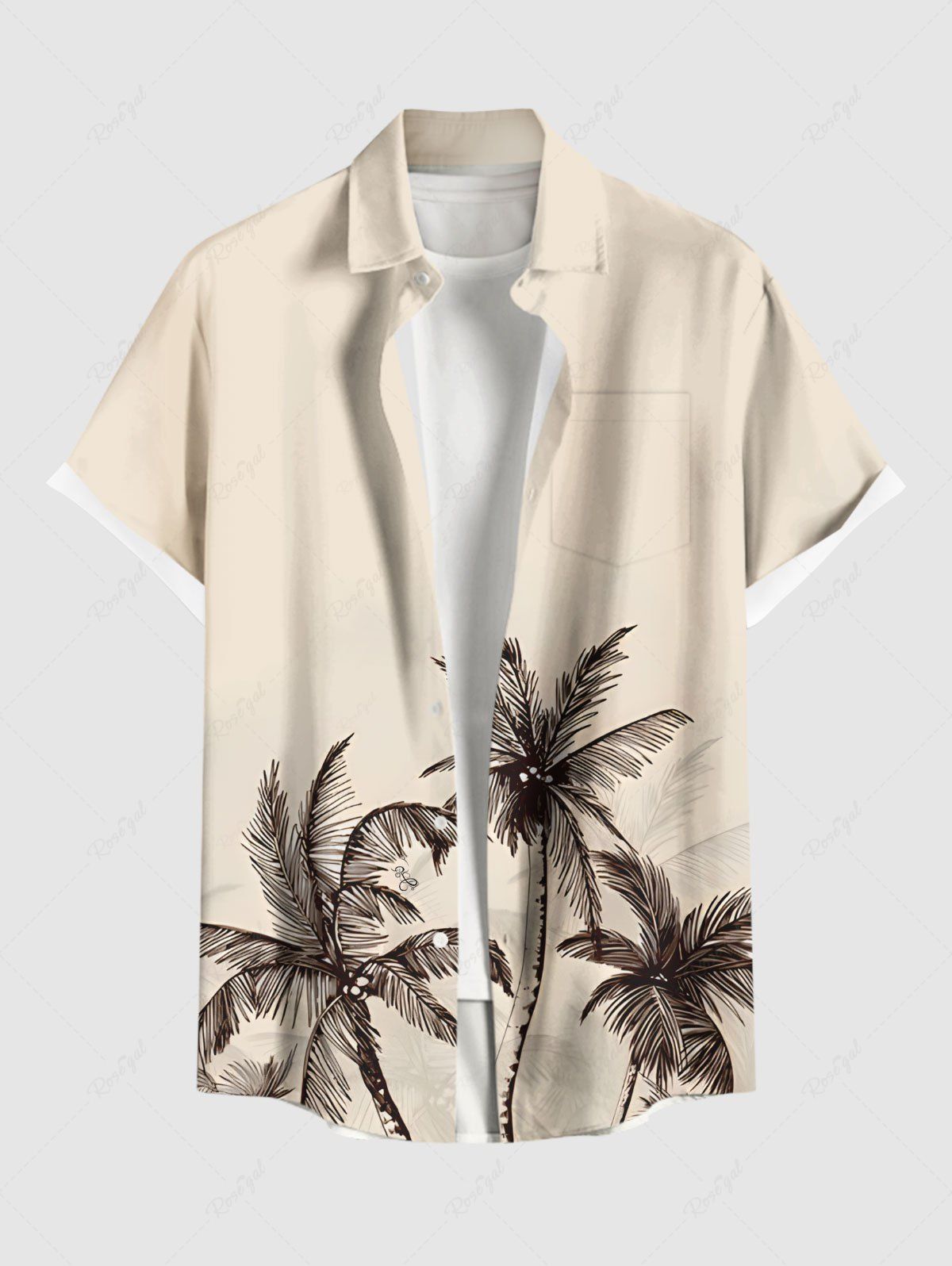 Chemise hawaïenne grande taille à imprimé cocotier peint à la main et à poches boutonnées pour homme Abricot 2XL