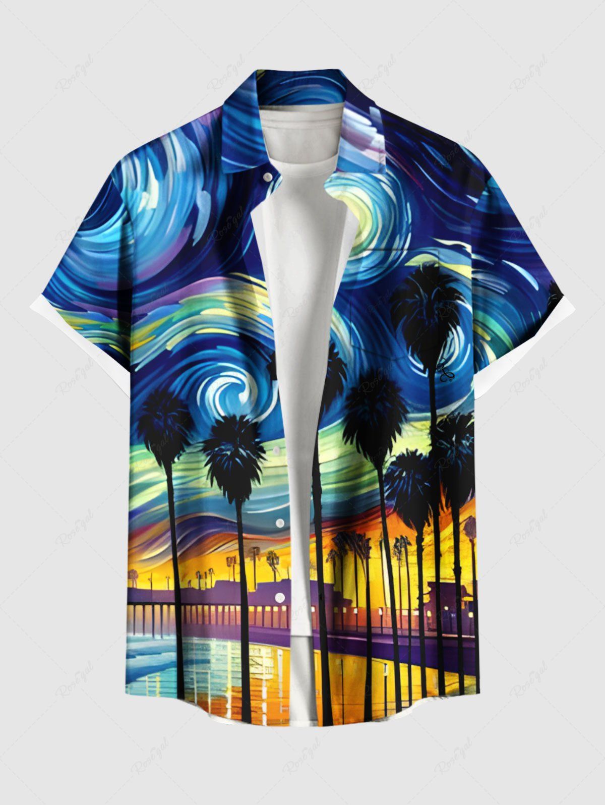 Chemise hawaïenne grande taille à imprimé spirale et cocotiers nocturnes avec poches boutonnées pour homme Bleu 4XL