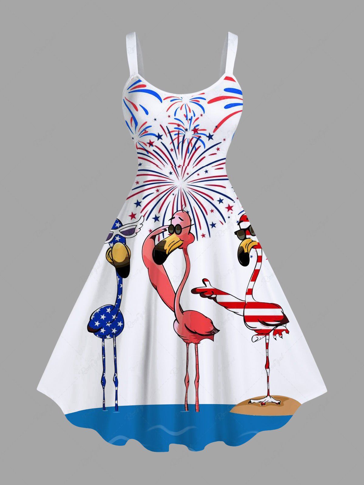 Chic Plus Size Colorful Patriotic American Flag Fireworks Flamingo Print Hawaii A Line Tank Dress  