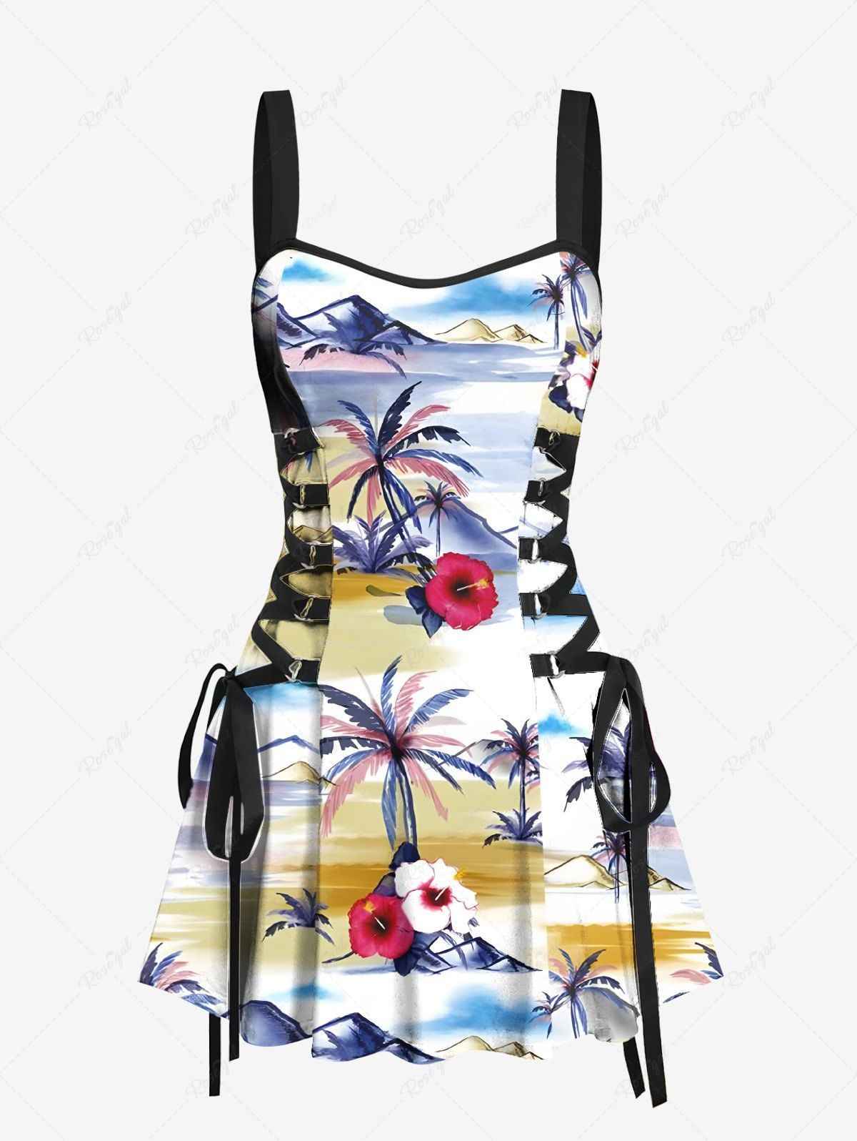 Outfits Coconut Tree Hibiscus Floral Sea Mountain Print Hawaii Lace Up A Line Tank Dress  