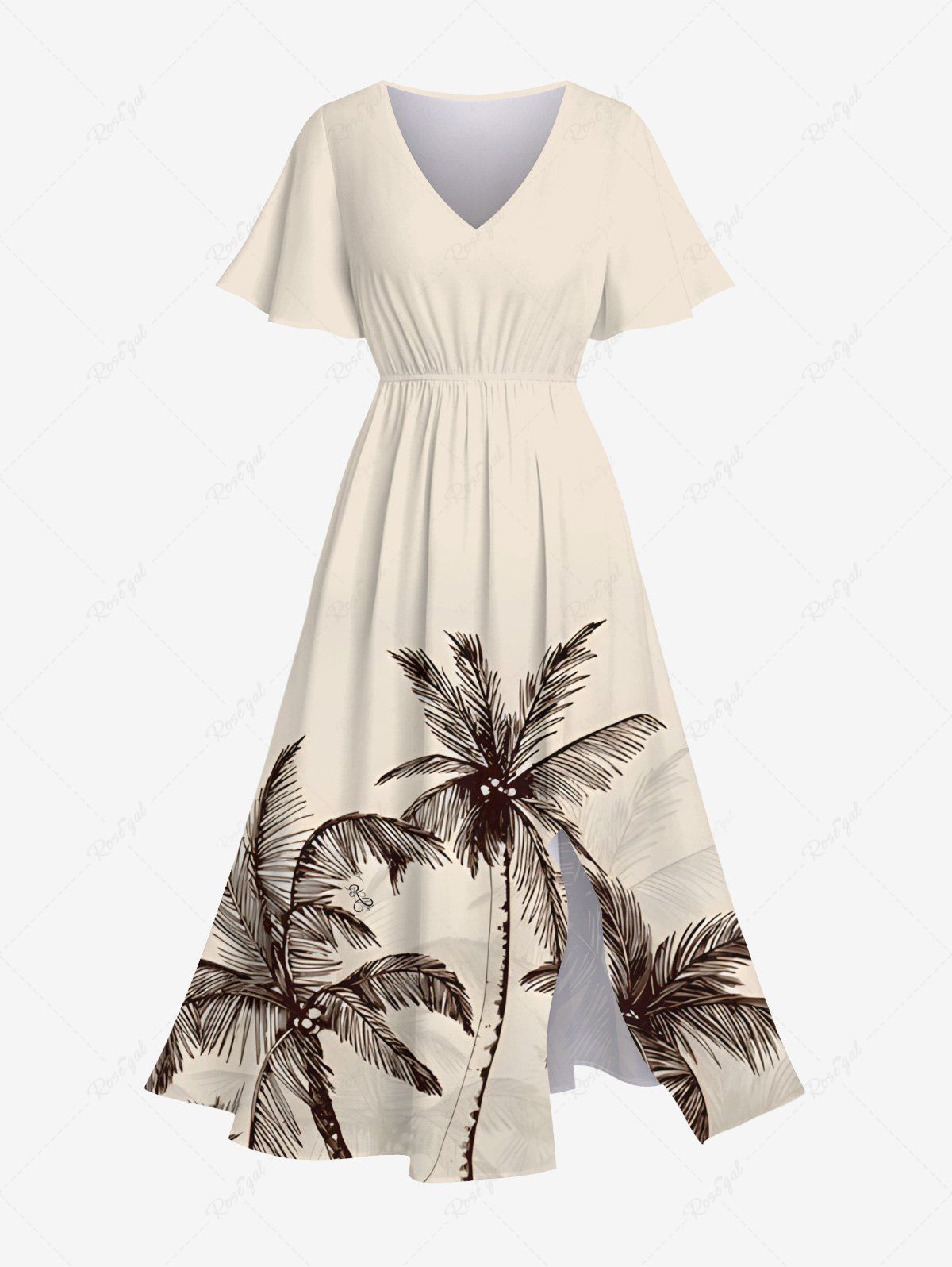 Outfit Plus Size Coconut Tree Hand-painted Print Hawaii Split Pocket A Line Midi Dress  