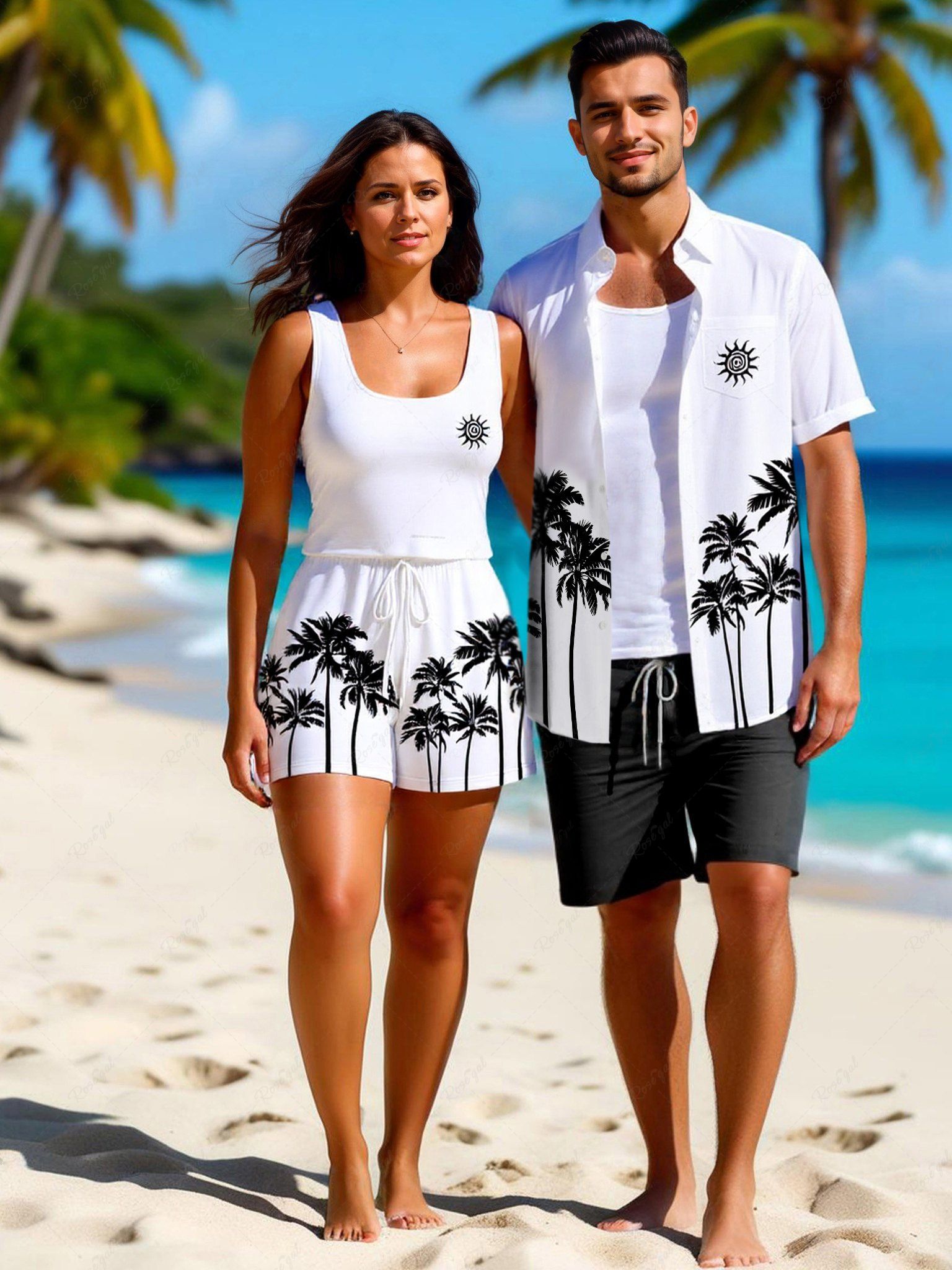 Fancy Matching Hawaii Shirt and Romper Plus Size Beach Outfit Coconut Tree Sun Printed for Couples  