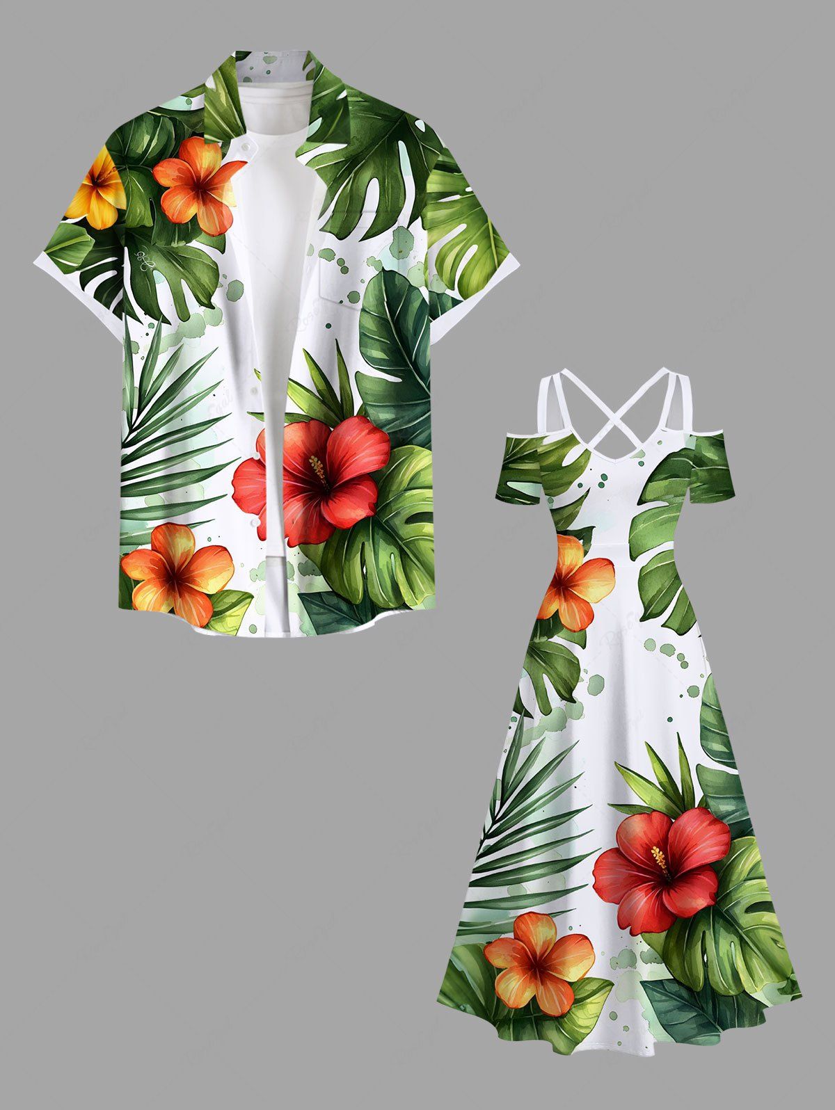 Tenue de plage hawaïenne assortie grande taille à imprimé feuilles tropicales et fleurs d'hibiscus pour couples Vert 
