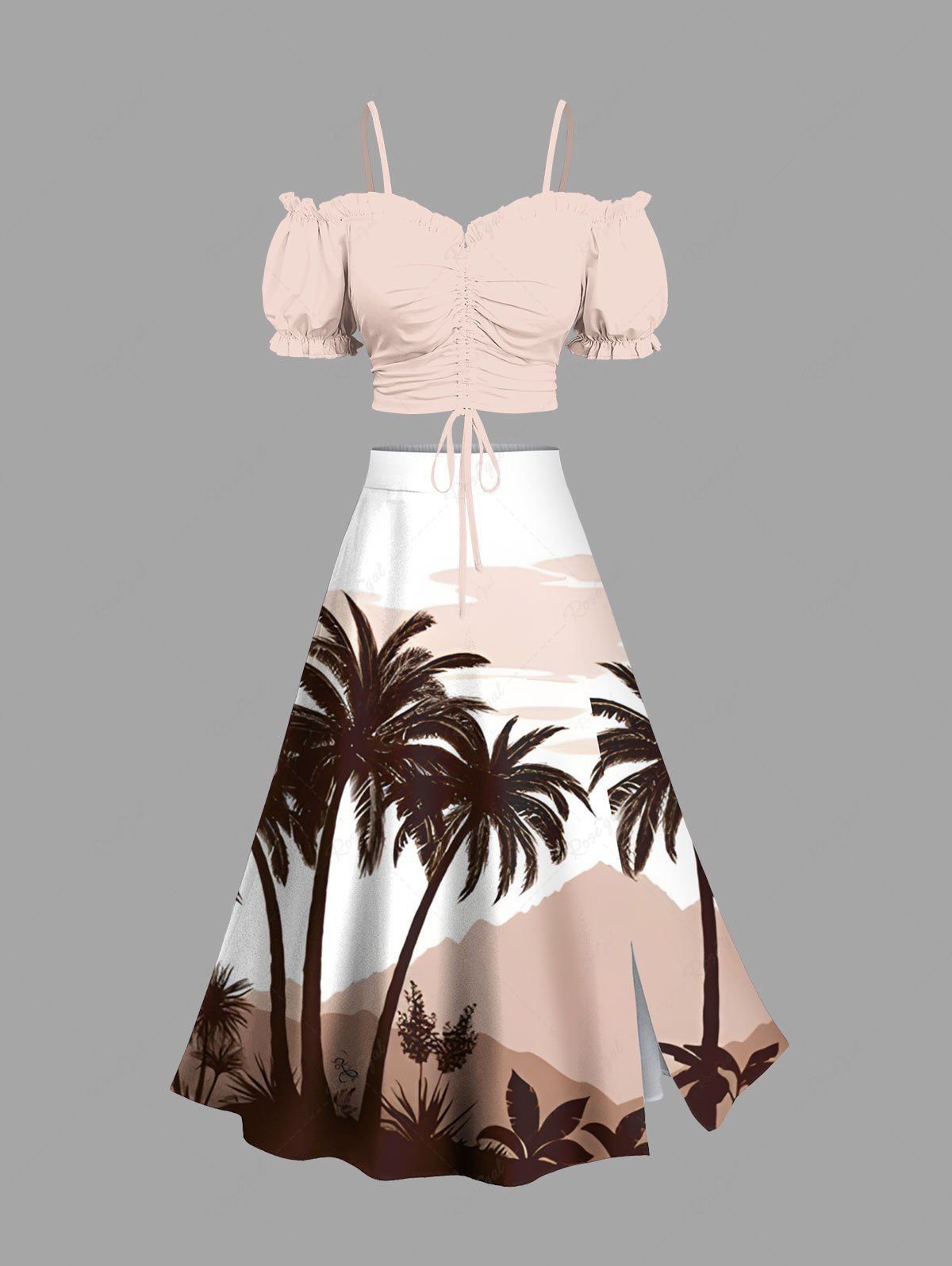 Fancy Solid Cinched Top and Coconut Tree Mountain Cloud Print Hawaii Split A Line Skirt Plus Size Matching Set  