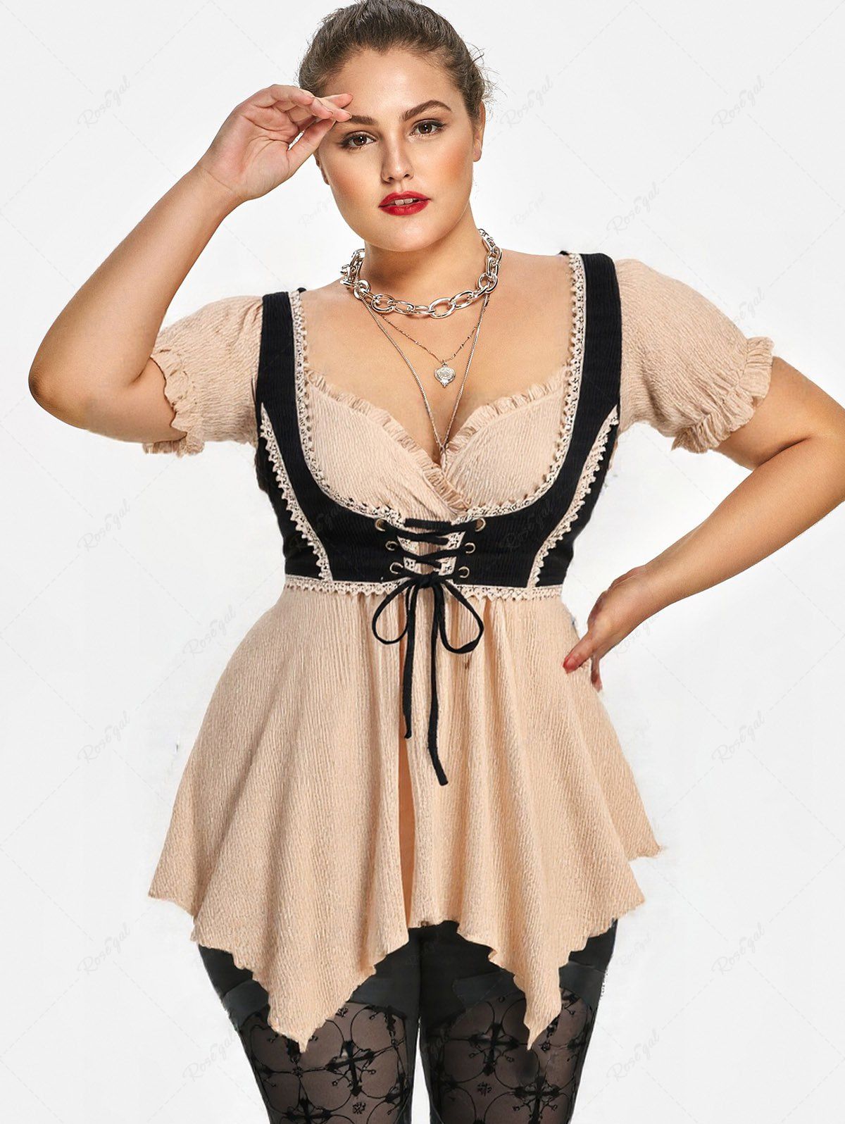 Fancy Plus Size Cold Shoulder Puff Sleeves Textured Ruffles Lace Up Floral Trim Crochet 2 in 1 Corset Handkerchief Top  