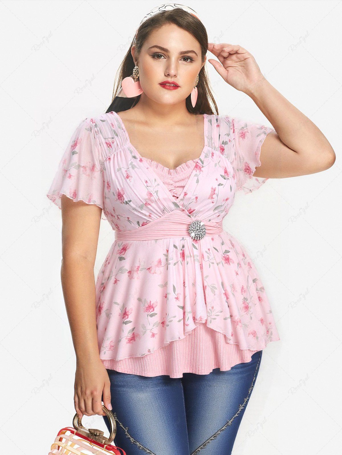 Trendy Plus Size Rose Flower Print Mesh Tulip Hem Buckle Ruffles Ruched Surplie Ribbed Textured 2 In 1 Top  