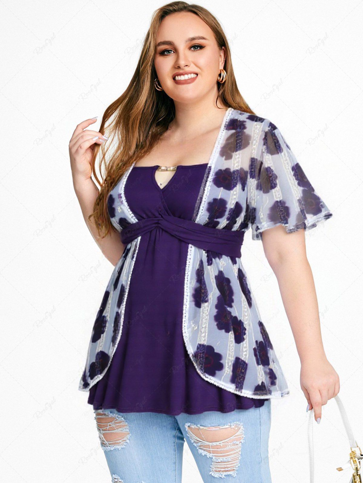 Outfit Plus Size Tie Dye Floral Print Mesh Jacquard Embroidered Keyhole Belted 2 in 1 Top  