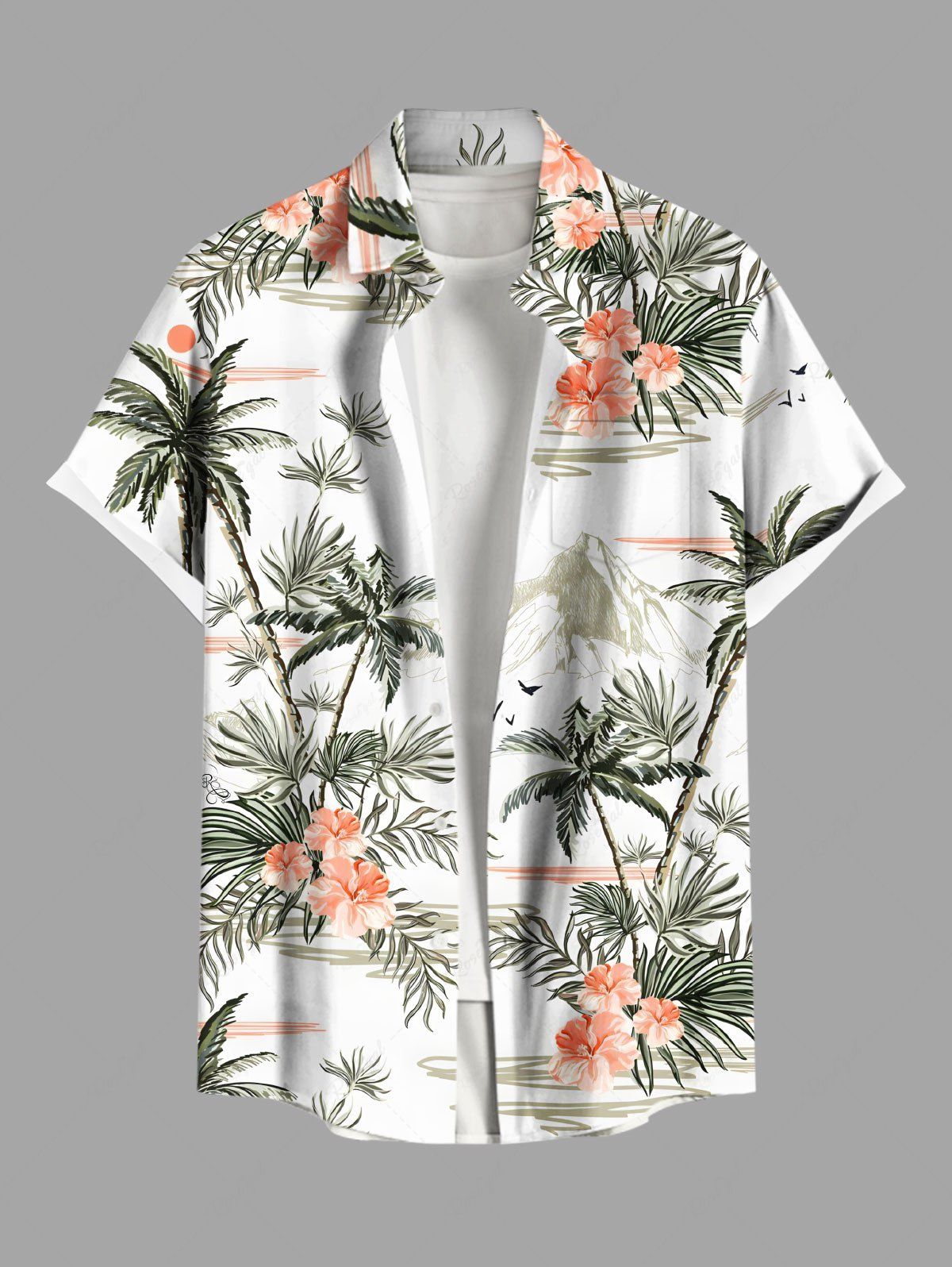 New Plus Size Coconut Tree Tropical Leaf Hibiscus Flower Print Buttons Pocket Hawaii Shirt For Men  