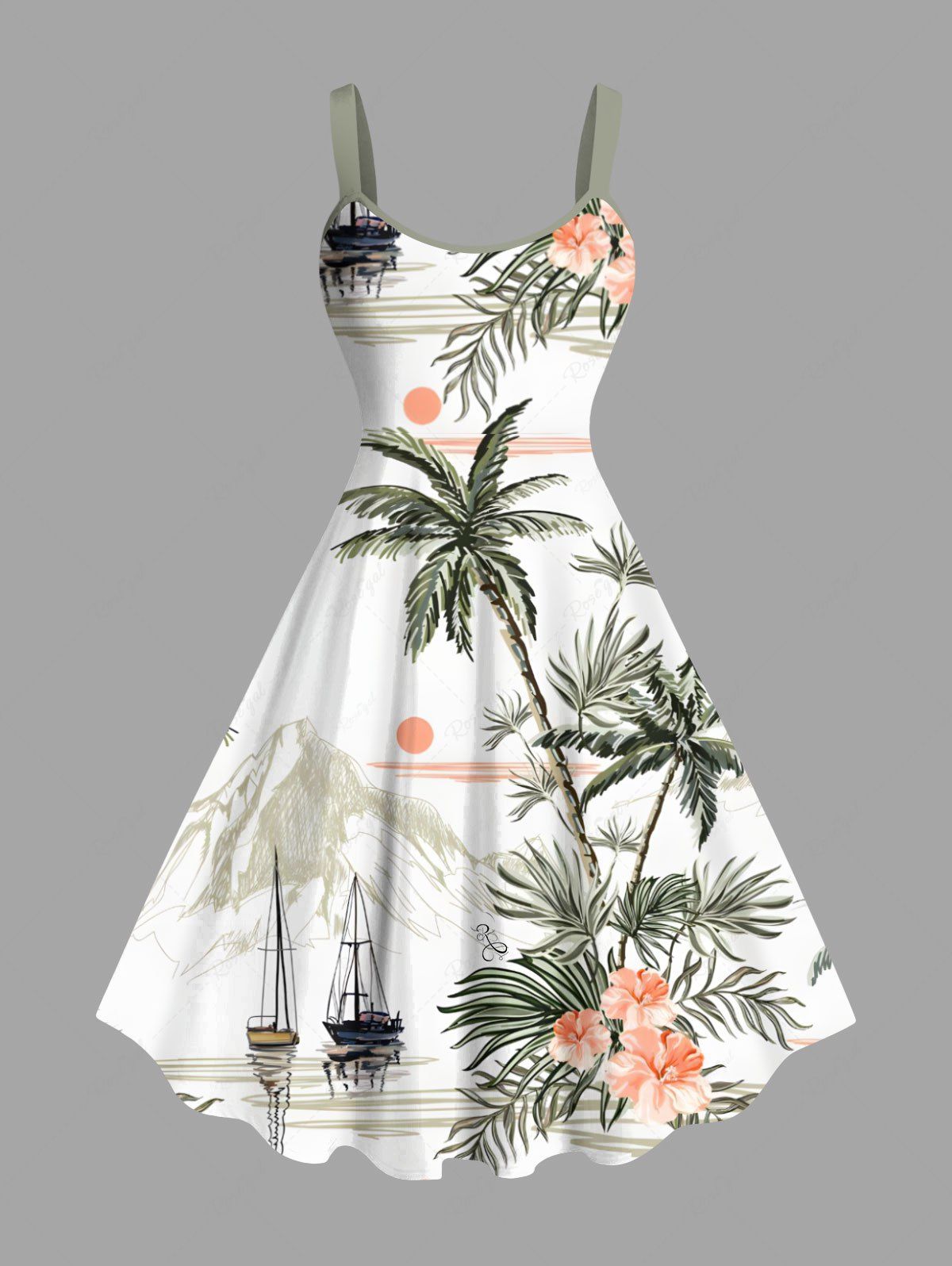 Chic Plus Size Coconut Tree Tropical Leaf Hibiscus Flower Print Hawaii Tank Dress  