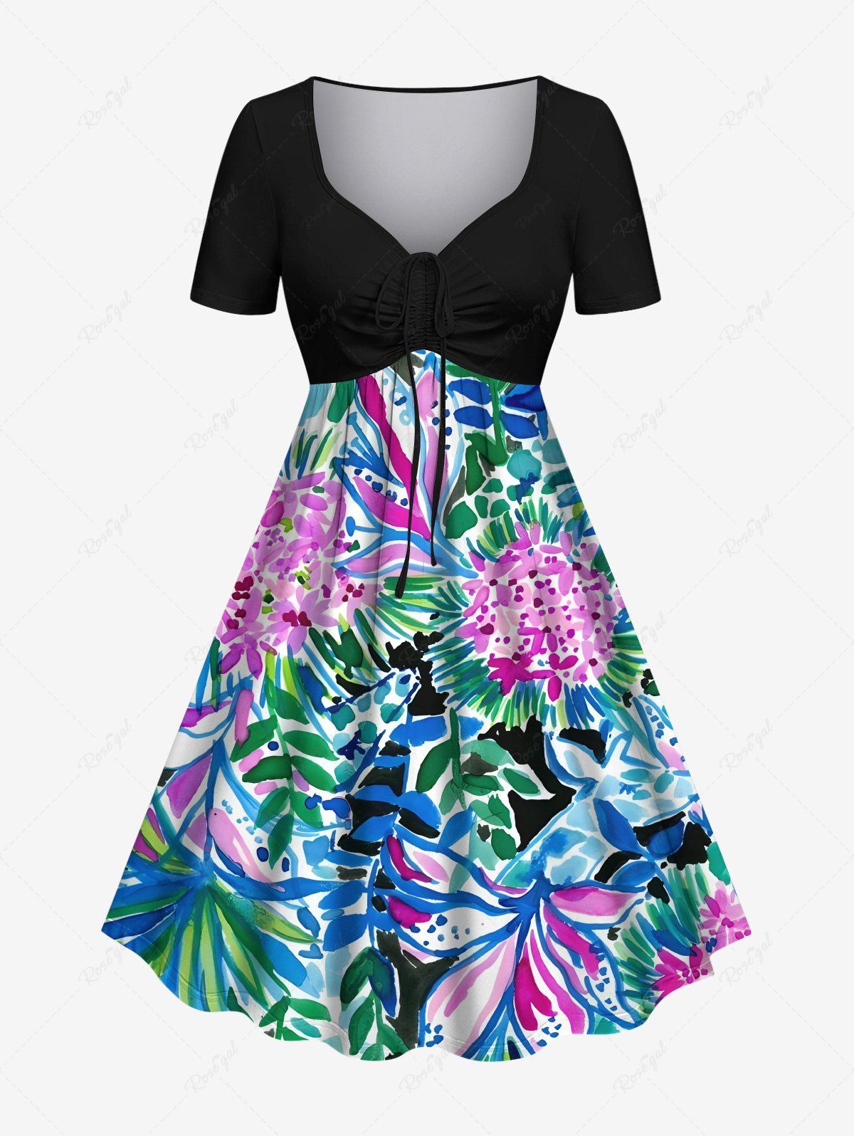 Fancy Plus Size Ink Painting Tropical Leaf Flowers Print Cinched Hawaii Dress  