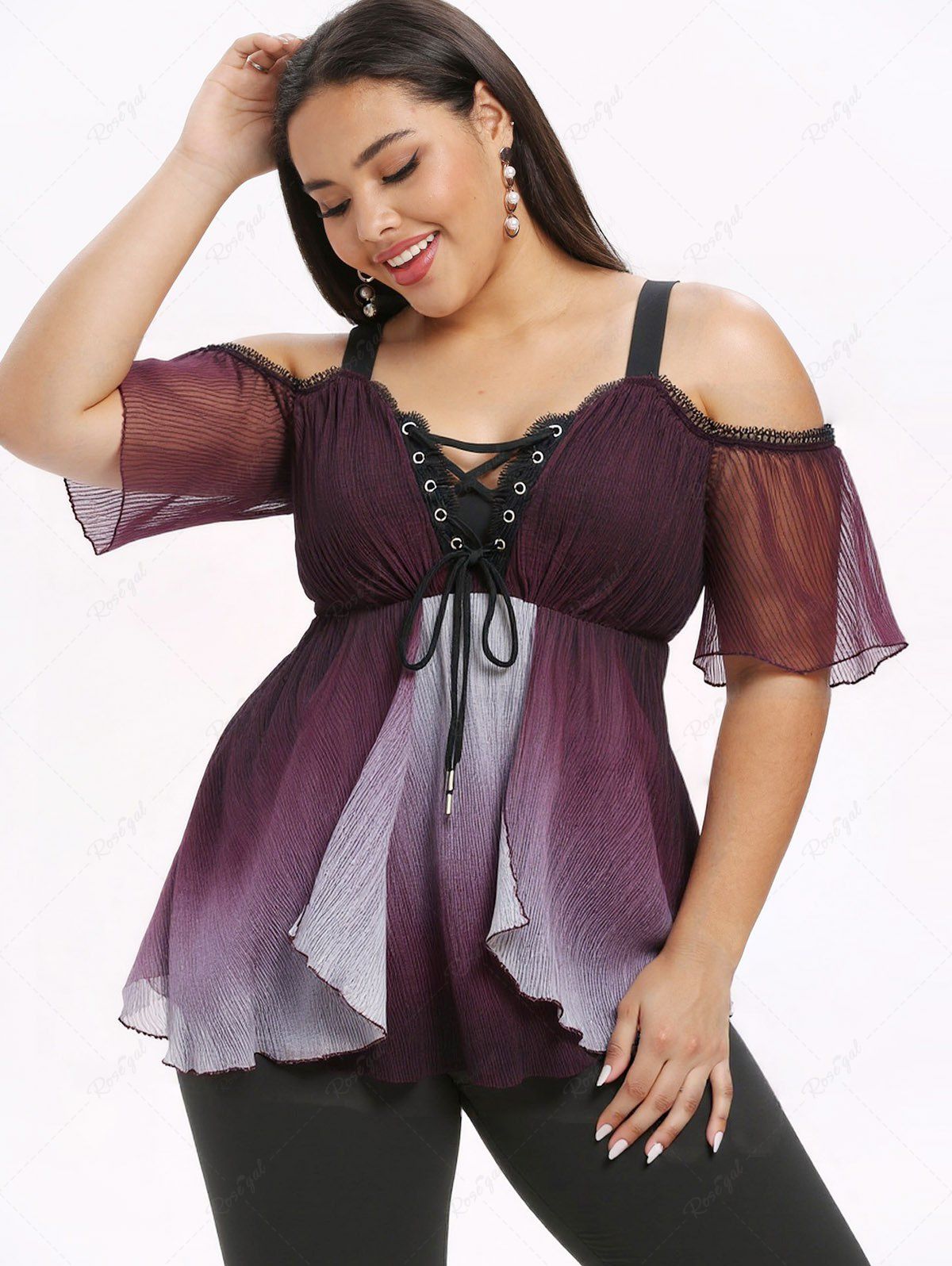Outfit Plus Size Ombre Lace-Up Grommets Ruffles Lace Trim Cold Shoulder Blouse  