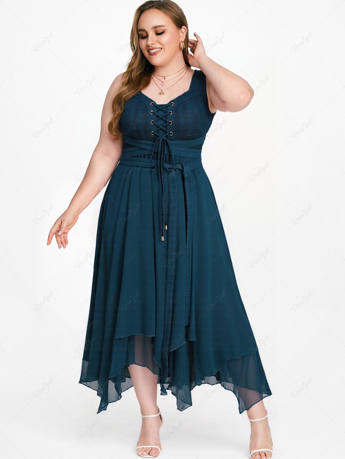 Cheap Plus Size Grommets Lace Up Patchwork Textured Ruffles Asymmetrical Dress With Belt  