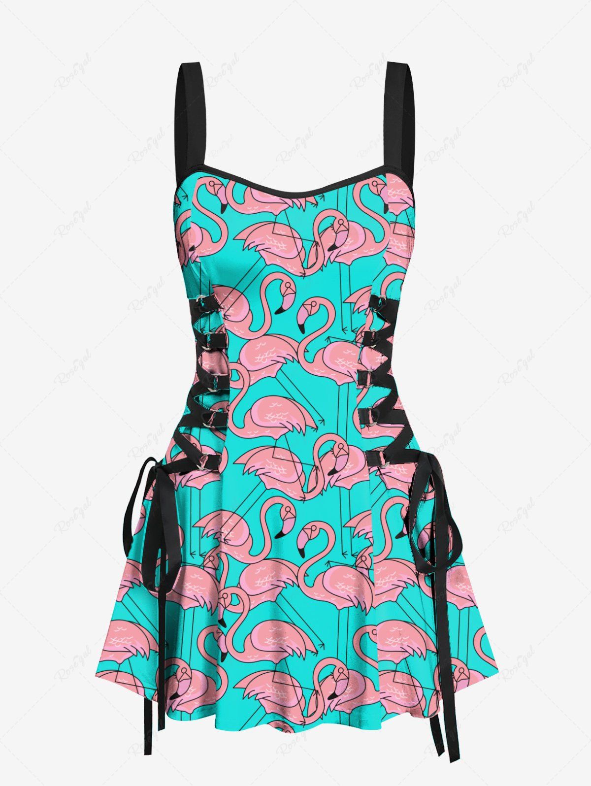 Buy Flamingo Print Lace Up Hawaii Tank Dress  