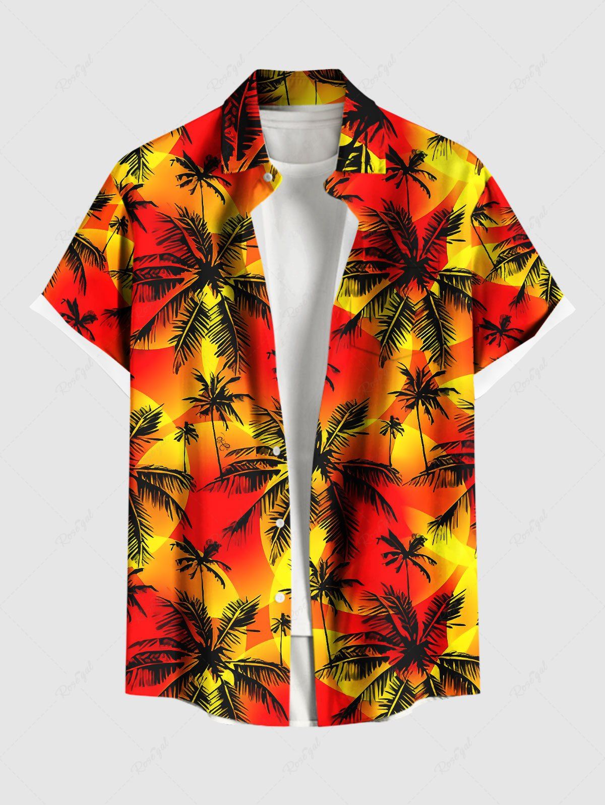 Shop Plus Size Coconut Tree Sun Print Buttons Pocket Hawaii Shirt For Men  