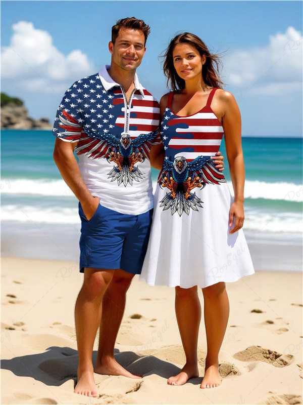 Outfits Patriotic American Flag Eagle Print Plus Size Matching Outfit For Couples  