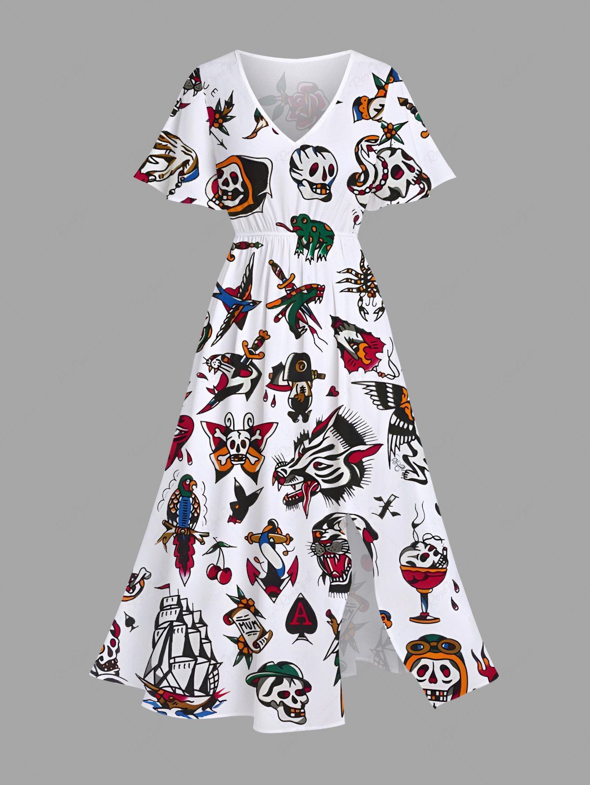 New Plus Size Skulls Heart Ship Frog Scorpion Ice Cream Cruise Print Split Midi Dress  