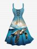 Tenue de plage assortie grande taille avec imprimé cocotier, tortue de mer, soleil, nuage, ciel ombré, créatures marines hawaïennes, pour couples - Vert 