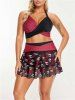 Plus Size Rose Flower Skulls Print Halter Crisscross Tie Back Bowknot Skirt Gothic 3 Piece Swimsuit -  