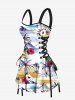 Coconut Tree Hibiscus Floral Sea Mountain Print Hawaii Lace Up A Line Tank Dress -  