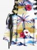 Coconut Tree Hibiscus Floral Sea Mountain Print Hawaii Lace Up A Line Tank Dress -  