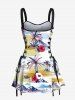Coconut Tree Hibiscus Floral Sea Mountain Print Hawaii Lace Up A Line Tank Dress -  