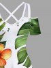 Plus Size Tropical Leaf Hibiscus Flower Print Hawaii Cold Shoulder Crisscross Strappy A Line Maxi Dress -  