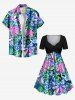 Plus Size Ink Painting Tropical Leaf Flowers Print Cinched Hawaii Dress -  