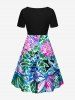 Plus Size Ink Painting Tropical Leaf Flowers Print Cinched Hawaii Dress -  