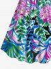 Plus Size Ink Painting Tropical Leaf Flowers Print Cinched Hawaii Dress -  