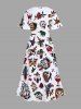 Robe mi-longue fendue grande taille à imprimé crânes, cœurs, navires, grenouilles, scorpions, glaces et croisière - Blanc 2X