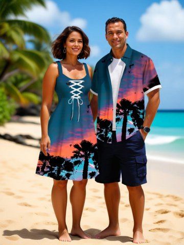 Coconut Tree Ombre Dusk Print Plus Size Matching Hawaii Beach Outfit For Couples - GREEN