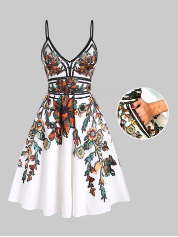 Flower Leaf Printed Slip Dress - WHITE - L