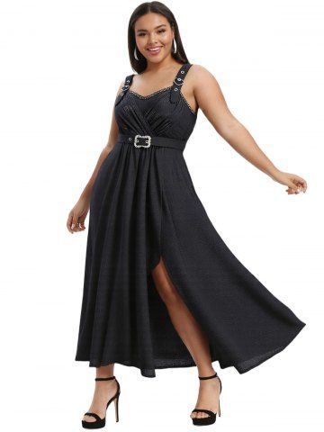 Plus Size Lace Trim Grommets Heart Buckle Split Surplice Ruched Plisse Dress - BLACK - L | US 12
