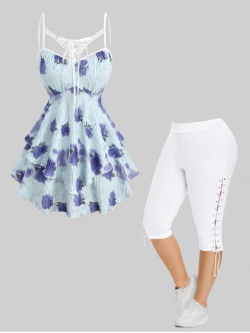 Rose Flower Tie Dye Print Cut Out Ruffles Top and High Waisted Lace Up Side Capri Pants Plus Size Outfit