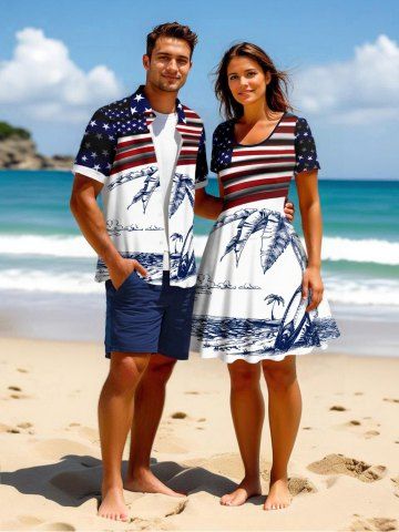 Patriotic American Flag Tropical Leaf Coconut Tree Print Plus Size Matching Hawaii Beach Outfit For Couples - WHITE