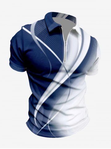 Plus Size Curve Ombre Light Beam Print Half Zipper Hawaii Turn-down Collar Polo Shirt For Men - DEEP BLUE - XS