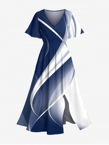 Plus Size Curve Ombre Light Beam Print Hawaii Split Pocket A Line Midi Dress - BLUE - 1X