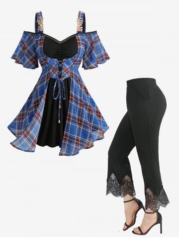 Plaid Print Lace-up Cold Shoulder 2 In 1 Top and Scalloped Tassel Flare Pants Plus Size Outfit - BLUE