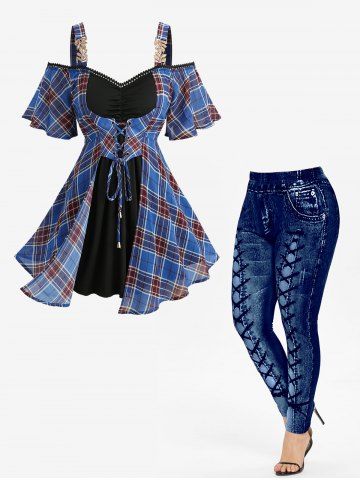 Plaid Print Lace-up Ruched Cold Shoulder 2 In 1 Top and High Waisted 3D Printed Leggings Plus Size Outfit - BLUE