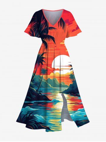 Plus Size Coconut Tree Seascape Sun Cloud Print Split Hawaii Midi Dress - ORANGE - 6X