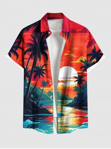 Plus Size Coconut Tree Seascape Sun Cloud Print Buttons Pocket Hawaii Shirt For Men - ORANGE - M