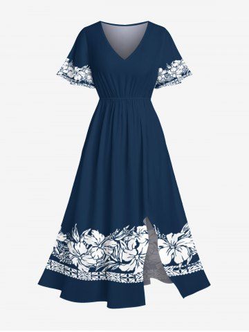 Plus Size Tropical Leaf Hibiscus Flowers Print Split Hawaii Midi Dress - DEEP BLUE - XXS