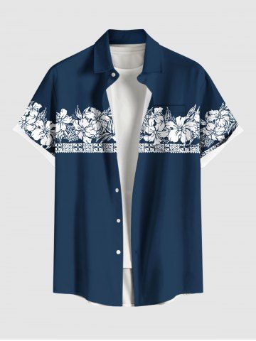 Chemise hawaïenne grande taille à imprimé feuilles tropicales et fleurs d'hibiscus, avec poches et boutons, pour homme