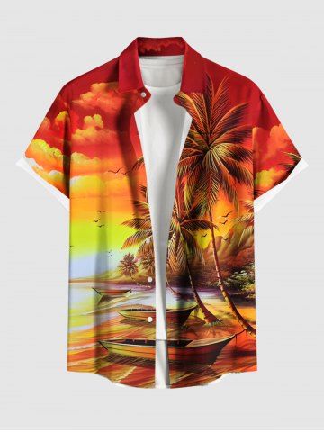 Plus Size Coconut Tree Seascape Boat Bird Cloud Ombre Sky Print Buttons Pocket Hawaii Shirt For Men - ORANGE - M